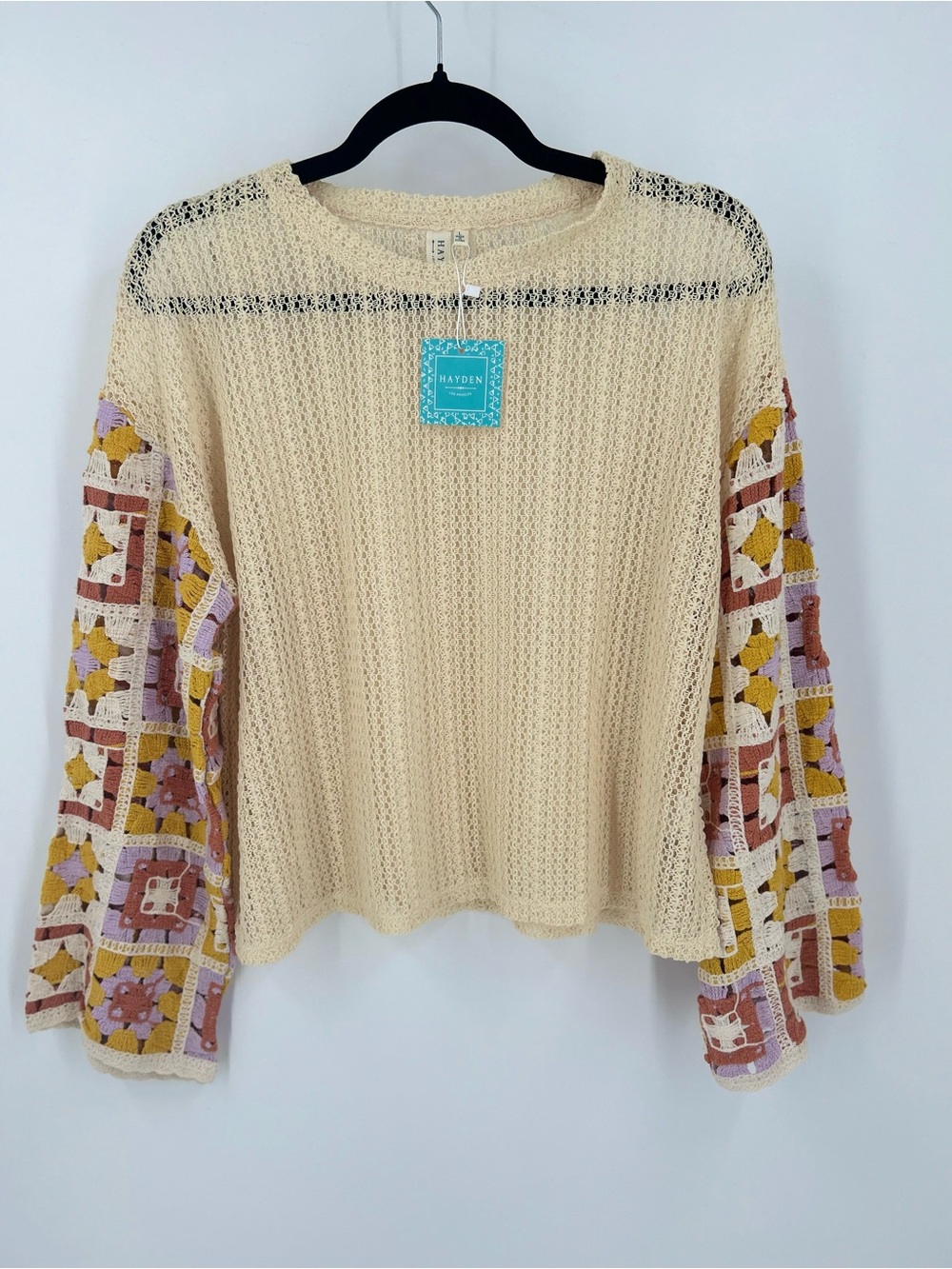 Hayden Los Angeles Open Knit Boho Sweater w/ Crochet Patchwork Sleeves L